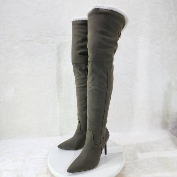 Olive Green Fluffy Fleece Lined  Fold Under / Over the Knee Pointy Toe Boots - Picture 5 of 13